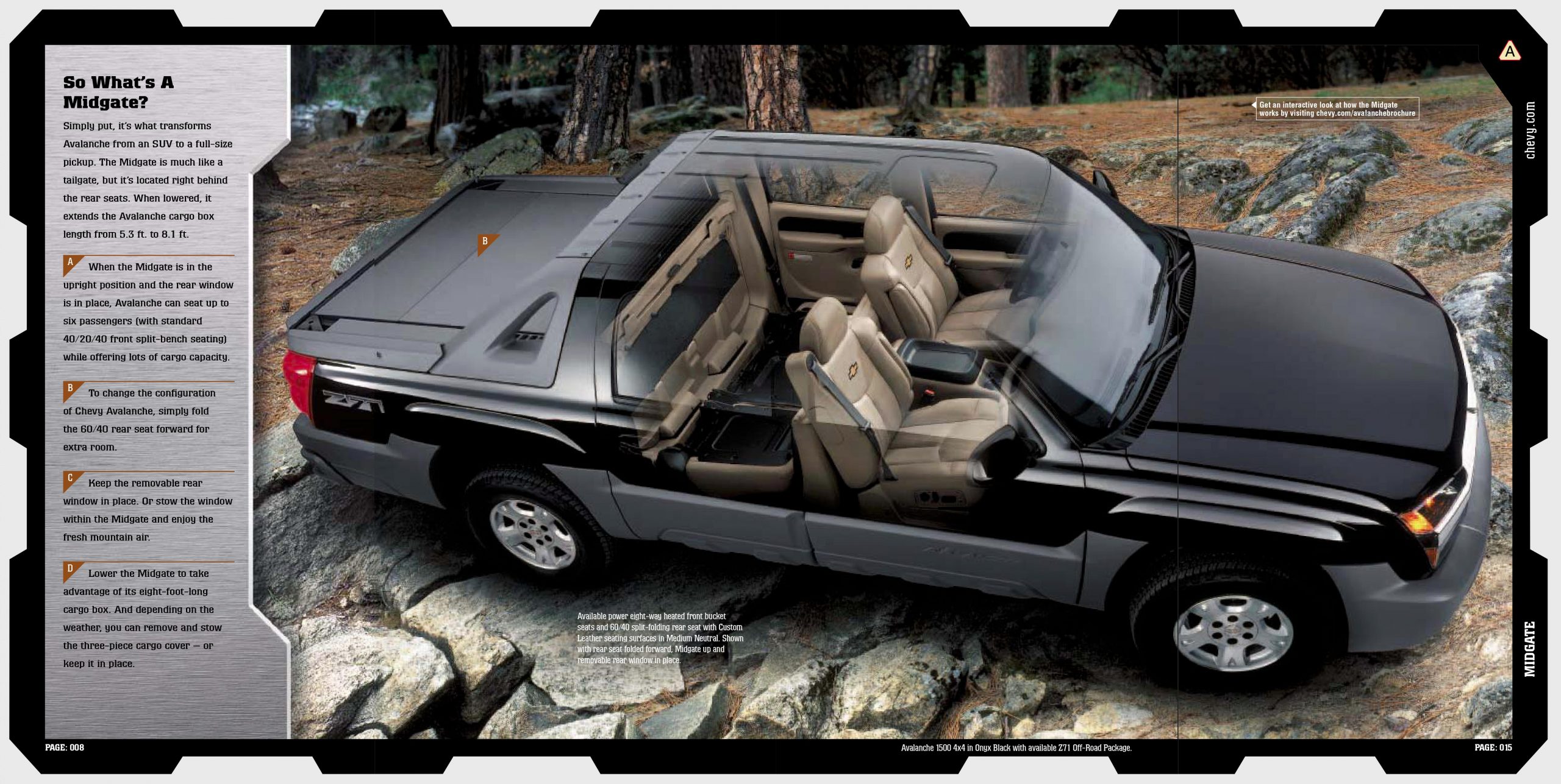 Chevy Avalanche pickup with midgate lowered and rear seats folded flat to form a single extended cargo area, demonstrating expanded cargo capacity; parked outdoors near trees under a clear sky; practical, utilitarian tone